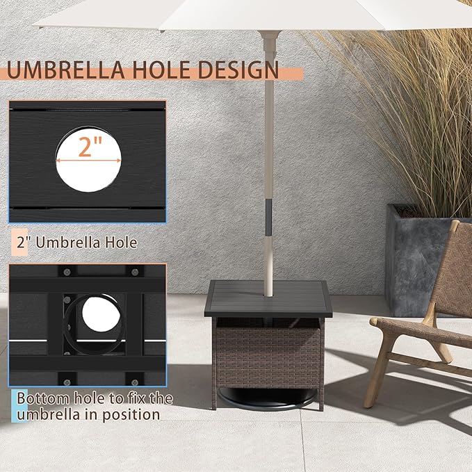 RELAX4LIFE Patio Table with Umbrella Hole, Wicker Rattan Bistro Dining Side Table with Metal Frame, 22'' Square Umbrella Stand Holder for Poolside Backyard Garden Deck, Outdoor Side Table