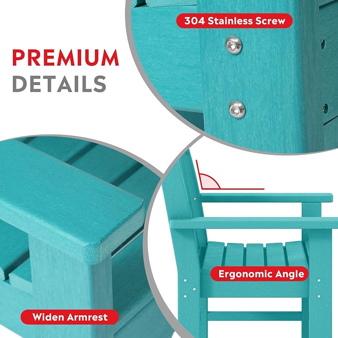 Costaelm 3 piece Patio Set, Outdoor Table and Chairs Set of 3, 3-Piece HDPE Garden Chair with Square Adirondack Side Table, Porch Chairs Coffee Table for Outside Porch Backyard, Turquoise