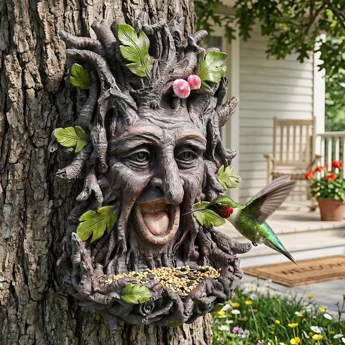 12" Real Tree Face Hugger Statue, Outdoor Garden Resin Bird Feeder Sculpture with Foliage Features, Fairy Elve Accent Yard Art, Halloween Trees Decorations Outdoor Wall Mounted Statue