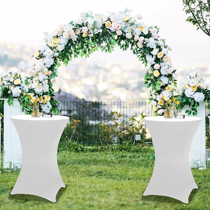 2Sets 32in Hightop Folding Cocktail Tables+Covers, White-Spandex Stretch Folding Bar Table Covers, Removable Legs Bar Height Folding Table Outdoor Indoor Use (2+2White/2Covers+2Tables)