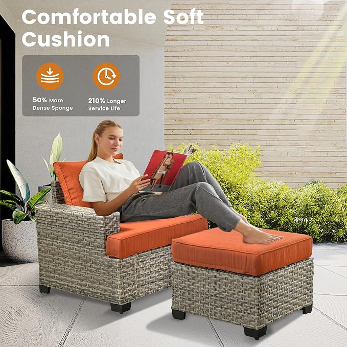CAODOC Patio Furniture Sets 7 Pieces Outdoor Sectional Rattan Sofa Manual Weaving Wicker Patio Conversation Set with Ottomans and T Cushion(Red)