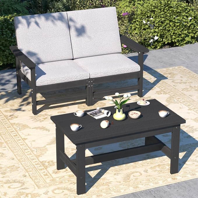 3-Piece HDPE Patio Furniture Set, All-Weather Outdoor Sectional Sofa Set with Coffee Table & Cushions - Wood-Like Composite Conversation Couch for Deck, Lawn, Balcony - Black Frame