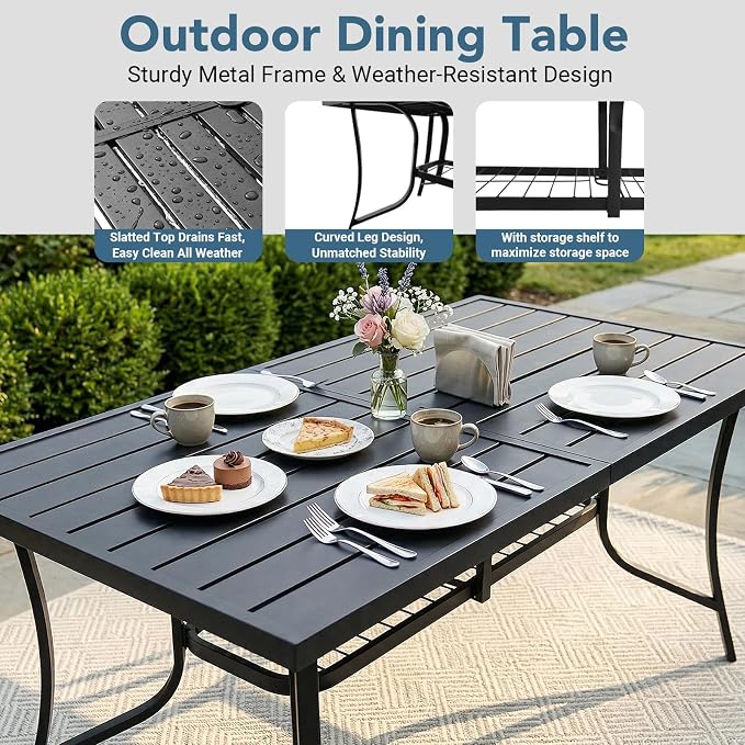 7 Piece Outdoor Patio Dining Sets, 60" Rectangular Metal Dining Table with Umbrella Hole & 6 Stackable Metal Chairs, Weather Resistant Garden Furniture Set for Backyard, Deck, Porch