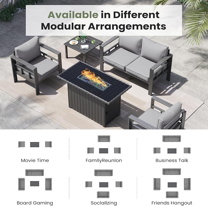 7 Piece Aluminum Patio Furniture Set with 44" Fire Pit Table & Thick Cushions, Aluminum Outdoor Sectional Conversation Set with Coffee Table for Porch, Backyard(Grey/Light Grey)