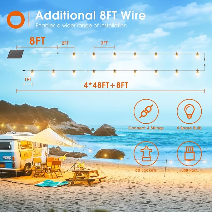 addlon 200FT(192+8) Solar String Lights Outdoor, Last 20+ Hrs, USB Charging | IP65 Waterproof. Dimmable Timer via Remote. Memory, 3 Modes, 2700K Warm White. Easy Install for Patio, Porch. 4-Pack*50FT.