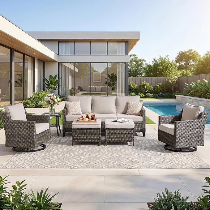 Outdoor Furniture Set of 6, Patio Chairs with Luxury 4" Cushion, Wicker Swivel Rocker Patio Chairs, and Side Table, High Back&Deep Seat for Garden Deck Porch Balcony Backyard - Beige