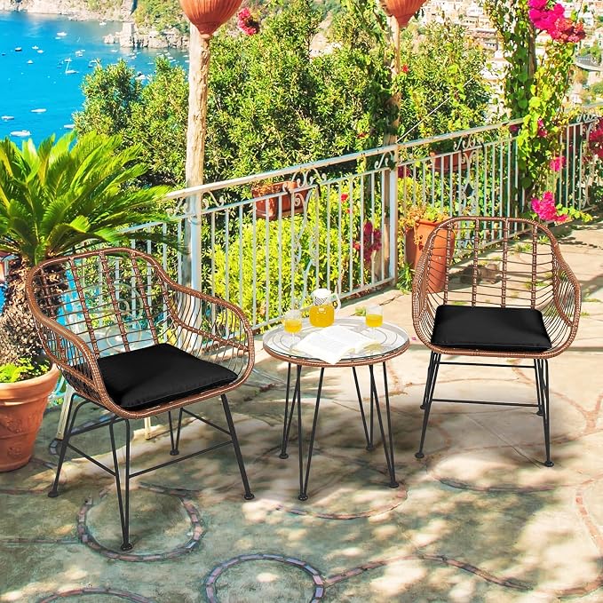 DORTALA 3 Piece Patio Bistro Set, Outdoor Wicker Furniture with Round Tempered Glass Top Table & 2 Rattan Armchairs, Cushions, Conversation Set for Porch, Backyard, Garden, Black
