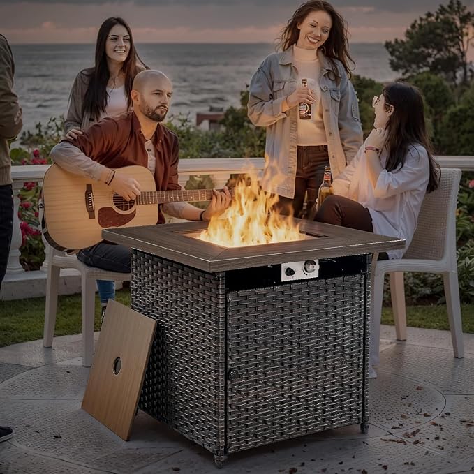 Patio Furniture Set - 9 Pieces All Weather Wicker Outdoor Furniture with 4 Swivel Chairs, 2 Ottomans, 1 Sofa,1 Side Table and Fire Pit Table, Ergonomic Design for Porch, Garden, and Backyard(Blue)