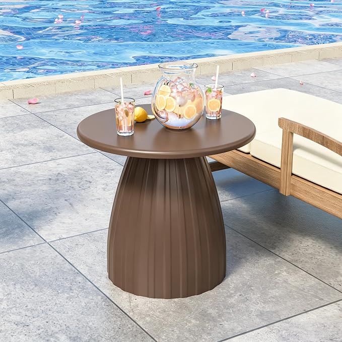 Round Metal Outdoor Patio Side Table, Steel Outdoor Accent Table, Small Patio End Table, for Garden, Pool, Yard, Balcony, Living Room, Deck, Weather Resistant, No Assembly, Brown