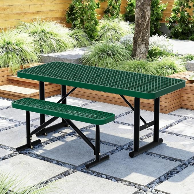 6FT Picnic Tables for Outdoors, Green Rectangular Heavy Duty Commercial Picnic Table with Umbrella Hole,Weather-Resistant Camping Table Dining Table for Backyard, Patio, Garden, Shops, Parks