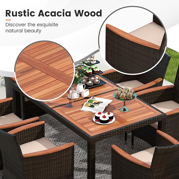 Tangkula 7 Pieces Outdoor Wicker Dining Set, Patio Dining Furniture Set with Acacia Wood Table and 6 Stackable Chairs, Outdoor Table and Chairs Set with 1.96” Umbrella Hole and Cushions
