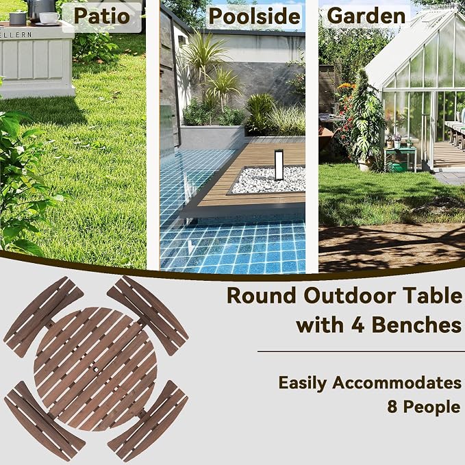 HAPPYGRILL 8-Person Wood Picnic Table Bench Set, Round Camping Table w/Umbrella Hole, Circular Outdoor Table w/4 Built-in Curved Benches, for Patio, Garden, Backyard, Porch (Brown)