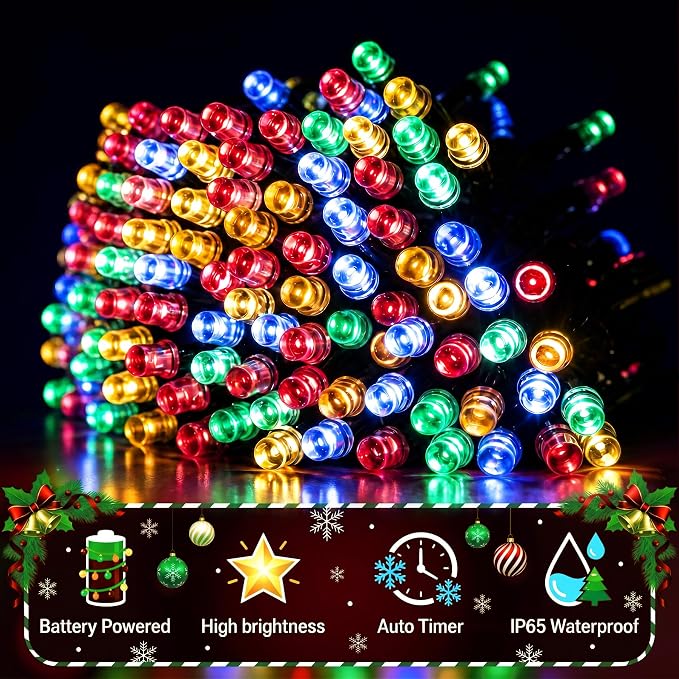 Battery String Lights 66Ft 200LED Remote Timer Decor | Indoor Outdoor Waterproof 8 Modes Memory Battery Operated Christmas Lights for Outside Party Garden Christmas Tree Décor