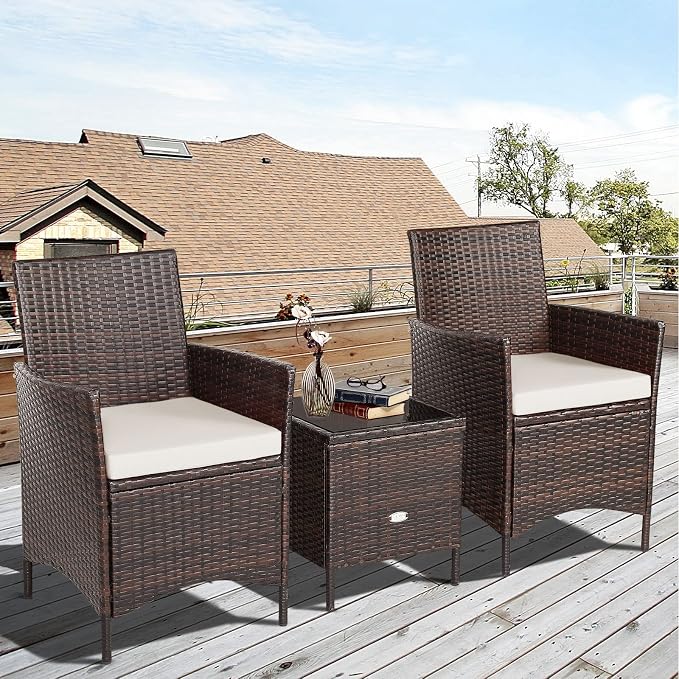 COSTWAY 3 Pieces Patio Rattan Furniture Set, Outdoor Wicker Cushioned Sofa with Tempered Glass Tabletop, Rattan Conversation Set for Porch Yard Balcony Backyard Pool, White