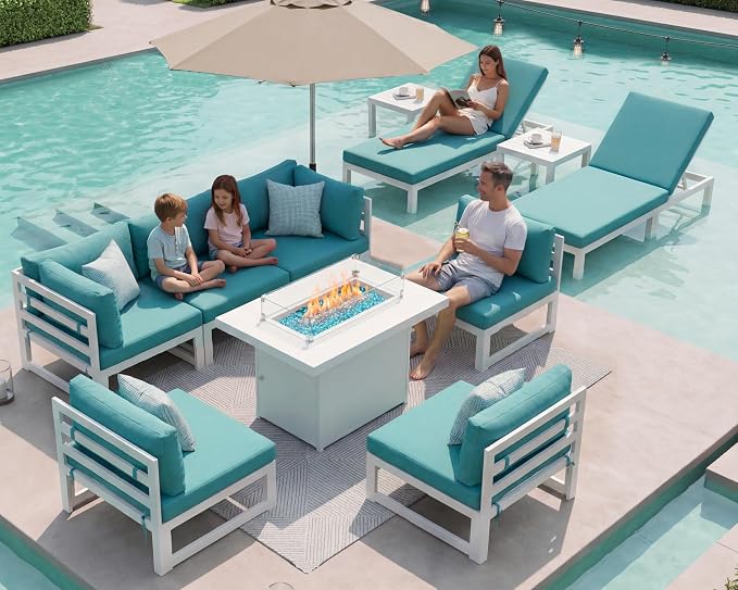 RADIATA Oversized Modern Aluminum Patio Furniture Set with Lounge Chair & Fire Pit Table, 29" Wide Deep Seated, Comfy Outdoor Sectional Sofa Set of 11, 500 lbs Heavy Duty Conversation Set, Turquoise