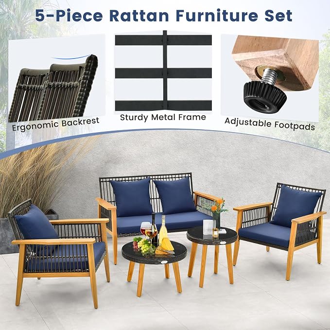Tangkula 5 Piece Outdoor Conversation Set, Patiojoy Rattan Chair Set with 2 Coffee Tables, Stable Acacia Wood Frame, Cozy Seat & Back Cushions, Patio Wicker Furniture Set for Backyard, Poolside (Navy)