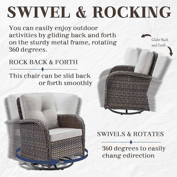 HUMMUH 5 Pieces Wicker Patio Furniture Set,Outdoor Swivel Gliders Rocker,Patio Ottomans,Glass Top Side Table,Outdoor Conversation Set for Porch Deck Backyard Poolside