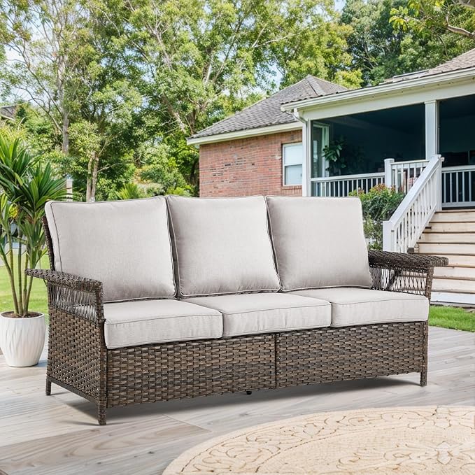 Patio Furniture Set with Fire Pit Table, 7PCS Patio Conversation Set Brown Resin Wicker Swivel Patio Chair Sofa Ottoman Set with Side Table and Fire Table PE Rattan Furniture Set
