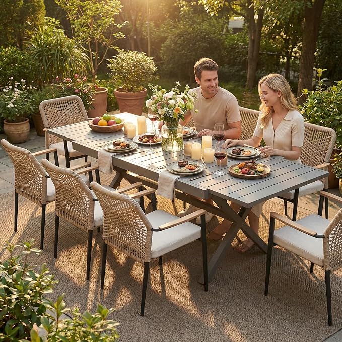 SUNSITT 7 Piece Outdoor Patio Dining Set, 65" - 107" Metal Expandable Outdoor Dining Table with X-Shape Legs, 6 Woven Wicker Patio Chairs w/WPC Armrests for Garden, Dark Grey