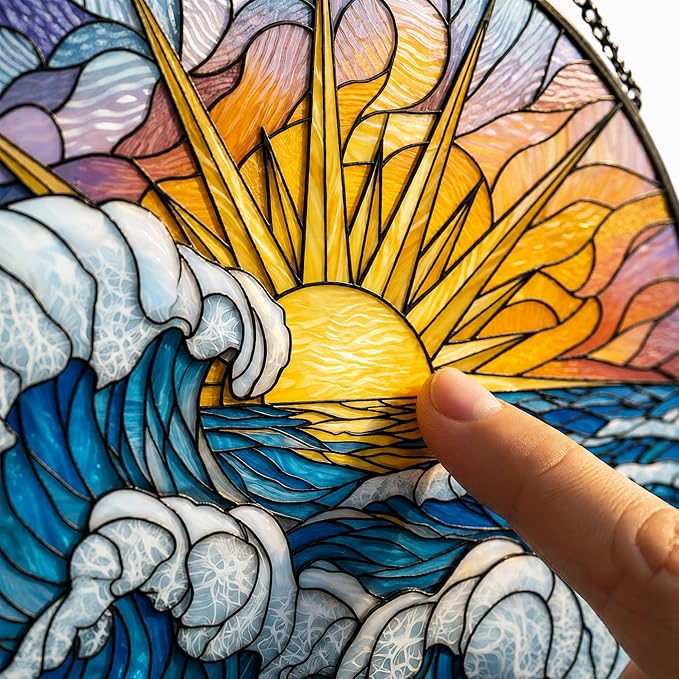 Statement Deluxe Bundle | Stained Glass Window Hanging, Ocean Sunrise 3D Embossed Diamond Glass Suncatcher, 7-Piece Coastal Gift Set with Crystal Pendant & Invisible Hooks