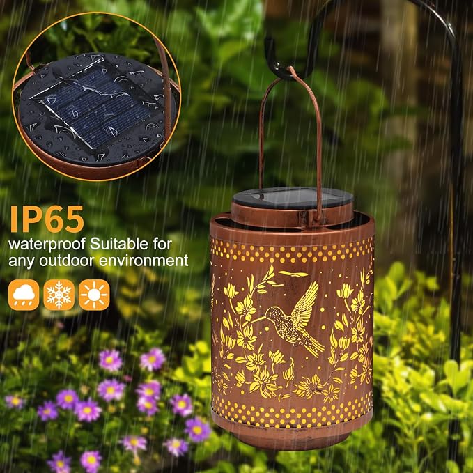 2 Pack Hummingbird Solar Lanterns Garden Decor Birthday Gifts for Women | Metal Hanging Solar Lights Waterproof Outdoor Decoration for Outside LED Lanterns for Yard Gifts for Mon Grandma