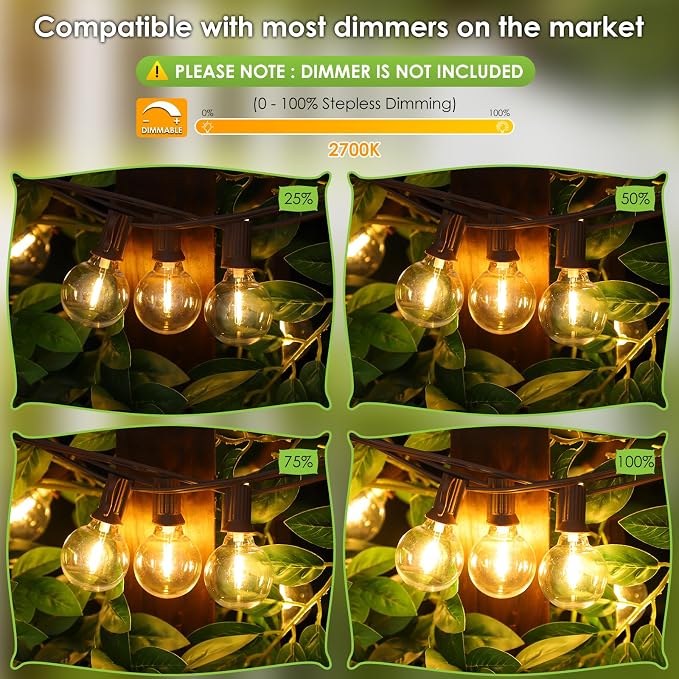 100Ft LED Outdoor String Lights, Dimmable G40 Globe Patio Lights with 50+3 Waterproof Shatterproof Bulbs for Backyard Porch-Brown Cord 1 Pack