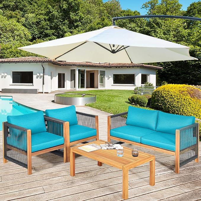 Tangkula Outdoor Wood Furniture Set, Acacia Wood Loveseat Sofa, 2 Single Chairs and Coffee Table, 4 Pieces Conversation Set with Cushions, Garden Balcony Poolside Outdoor Living Set (1, Turquoise)