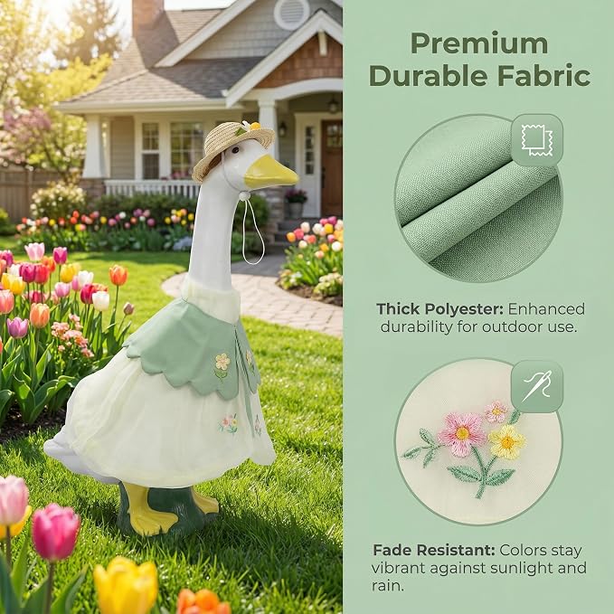 holoith 3 Pcs Summer Porch Goose Outfits for 23 inch Cement Goose Set | Outdoor Garden Statue with Gooses Outfit, Summer Garden Entrance Decoration, Includes Straw Hat, Collar, and Skirt