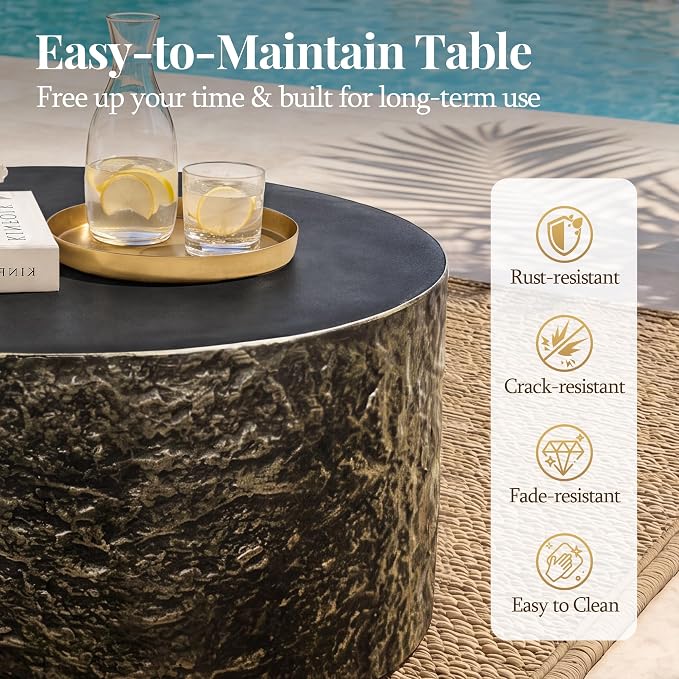 UPHA 28" Round Outdoor Coffee Table, Modern Hollow Concrete Patio Table, Small Minimalist Low Accent Table for Living Room, Balcony, Deck, Backyard, Bronze