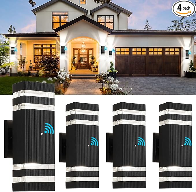 4 Pack Dusk to Dawn Outdoor Wall Lights Modern Exterior Light Fixture, 2-Layer Black Outside Lights for House, IP65 Waterproof Up and Down Outdoor Sconces Wall Lighting for Garage Porch, 3000K
