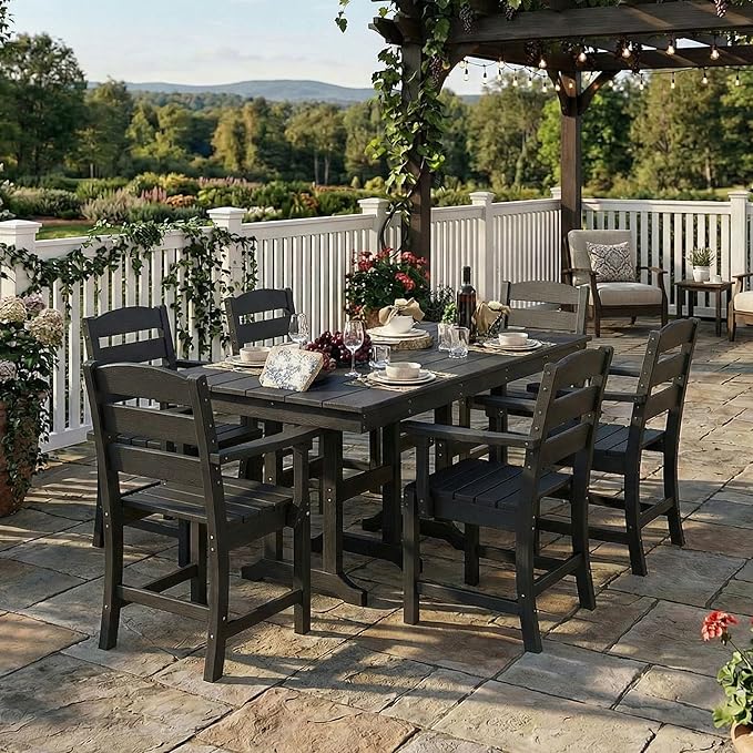 HOPUBUY 7 Pieces Patio Dining Set for 6, 71" HDPE All-Weather Patio Table and Chairs Set with Umbrella Hole, Durable Outdoor Furniture Set for Garden, Backyard, Lawn & Poolside (Black)