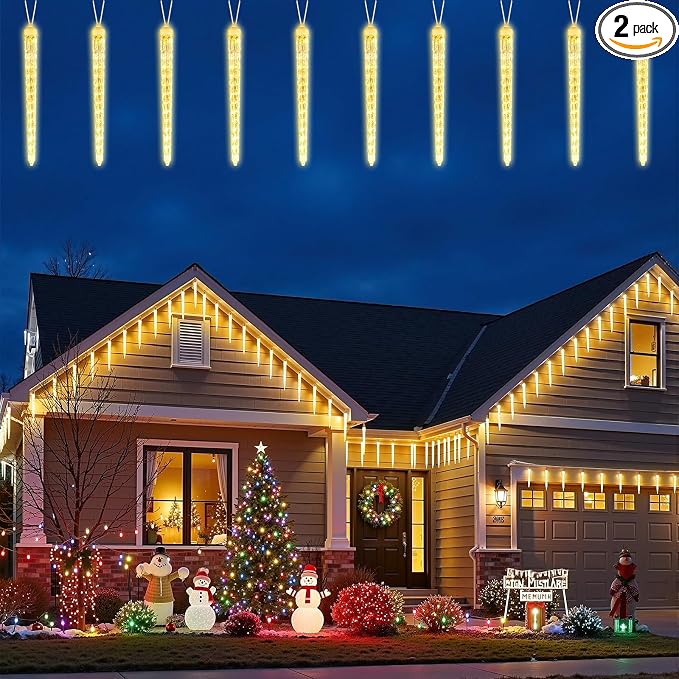 Brightown Christmas Meteor Shower Icicle Lights Outdoor, 2 Pack Total 40ft with 40 Large Tube 960 LED Dropping Effect, Waterproof Decorations for House Eave Roofline, Warm White