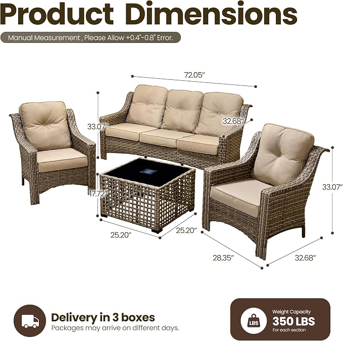 4 Piece Patio Furniture Set with Solar Light Coffee Table, Heavy Duty Wicker High Back Sofa Chairs with Thick Cushion, Small Outdoor Conversation Sets for Backyard Garden Porch, Beige