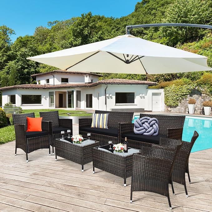 8 Pieces Patio Sofa Set, Wicker Conversation Set with Ergonomic Curved Backrest, Water-Resistant Cushion & Tempered Glass Table for Balcony, Porch (Black)