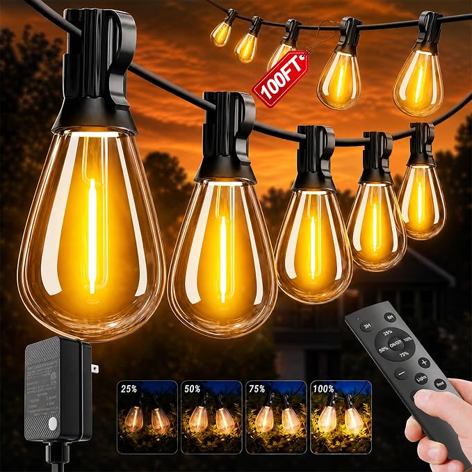 Likesky 100FT LED Outdoor String Lighats with Remote Waterproof Patio Lights with Shatterproof S11 Bulbs, Dimmable Outside Hanging Light Connectable for Porch Backyard Yard Garden Decor 2700K