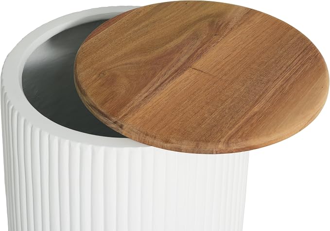 Christopher Knight Home Utara Patio Lightweight Concrete Round Coffee Table with Storage, Indoor and Outdoor End Table, MGO Outdoor Side Table with Acacia Wood Top, No Assembly, White + Brown