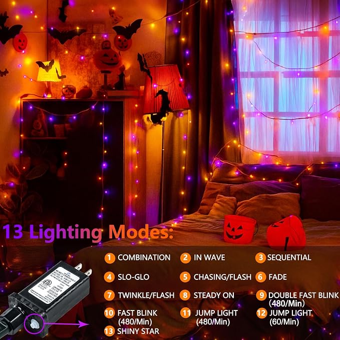 200 LED Connectable String Lights, 66FT Christmas Lights Outdoor Indoor | Orange & Purple, 13 Modes, Timer, Clear Wire Waterproof Twinkle Fairy Lights Plug in for Halloween Bedroom Patio Tree Decor