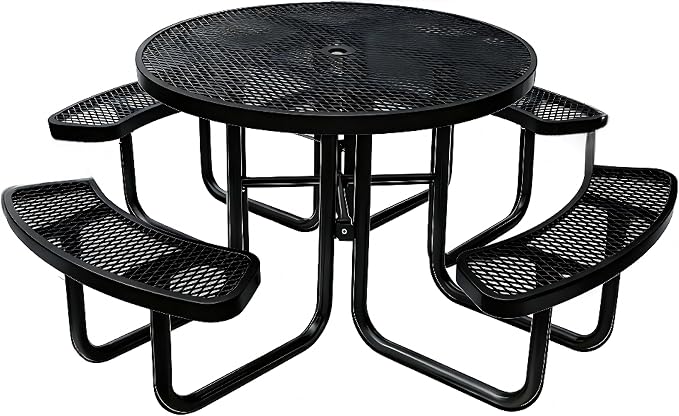 Garvee Heavy Duty Metal Picnic Tables for Outdoors with Umbrella Hole, 46" Round Top Patio Table Coated Steel Commercial Grade Furniture Set Weather & Rust Resistant (Expanded Steel, Black)
