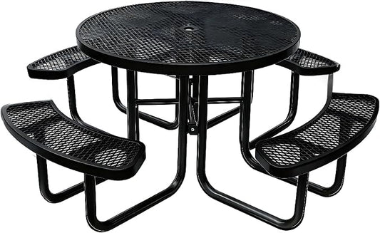 Garvee Heavy Duty Metal Picnic Tables for Outdoors with Umbrella Hole, 46" Round Top Patio Table Coated Steel Commercial Grade Furniture Set Weather & Rust Resistant (Expanded Steel, Black)