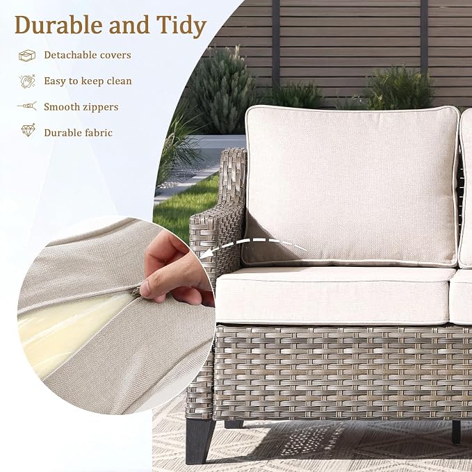 Luxury Patio Furniture Sofa Set - 7 Pieces All Weather Wicker Outdoor Couch and High Back Swivel Rocker Patio Chairs with fire Pit for Deck Yard and Poolside Gray Wicker | Beige Cushions