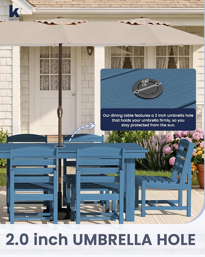 KINGYES 6-Piece Patio Dining Set, HDPE Table, Bench and Armless Chairs Outdoor Furniture Set with Umbrella Hole, Blue