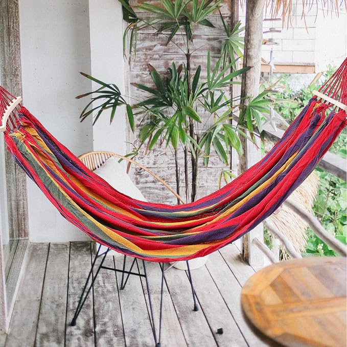 SEWACC Outdoor Camping Hammock Single Striped Canvas Swing Bed 190x150cm with Curved Rod, Duckbill Buckle, Rope Straps and Storage Bag for Hiking and Backyard Use