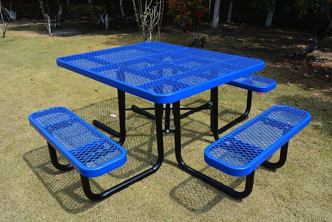 Heavy Duty ADA Outdoor Picnic Table, Expanded Metal, Wheelchair Accessible (Blue, 46 Square)