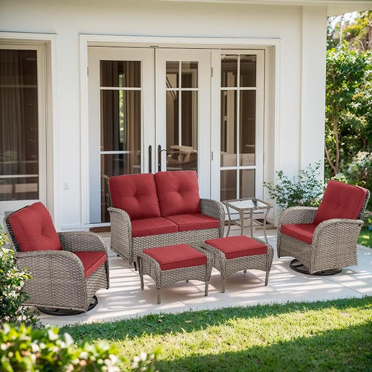 6 Piece Patio Furniture Set - Wicker Patio Conversation Set with Swivel Glider, Glider Loveseat, Tempered Glass Side Table and 2 Ottomans for Deck Backyard - Grey Wicker Red Cushion