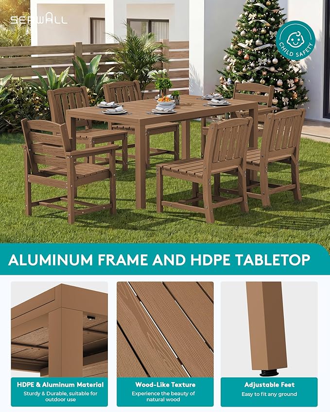 SERWALL Outdoor Expandable Dining Table 60" - 83", Brown | Patio Dining Table for 4-8 People, All Weather HDPE and Aluminum Outdoor Furniture