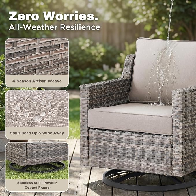 Belord Luxury Outdoor High Back Couch with Ottoman, All-Weather Wicker 3-Seater Sofa, 3 Piece Patio Conversation Furniture Set,Beige
