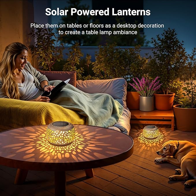 Solar Lanterns Outdoor Waterproof: 2 Pack Hollowed-Out Retro Metal Lantern Lights - Solar Lantern Decorative - Gifts for Women Mother's Day, Outside Garden Yard Patio & Indoor Tabletop Decor