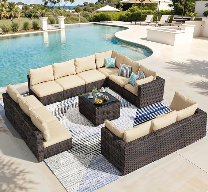 13 Piece Patio Furniture Set All Weather PE Rattan Outdoor Sectional Sofa Couch with No-Slip Cushions and Glass Top Table for Garden, Poolside, Backyard (Beige)