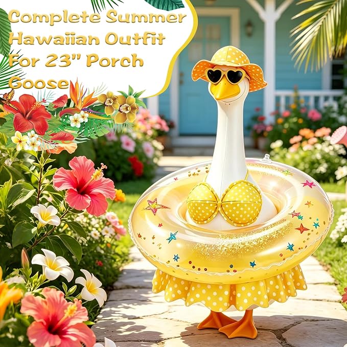 Hawaiian Porch Goose Outfit, Summer Bikini Costume with Sunglasses & Wreath, Fits 23" Goose Statue, Garden Lawn Patio Yard Outdoor Decoration (Yellow)