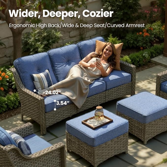 8 Piece Patio Furniture Set with Fire Pit Table, All Weather Wicker High Back Sofa Chairs Ottoman with Thick Cushion, Outdoor Conversation Sets for Large Backyard Deck Garden, Denim Blue
